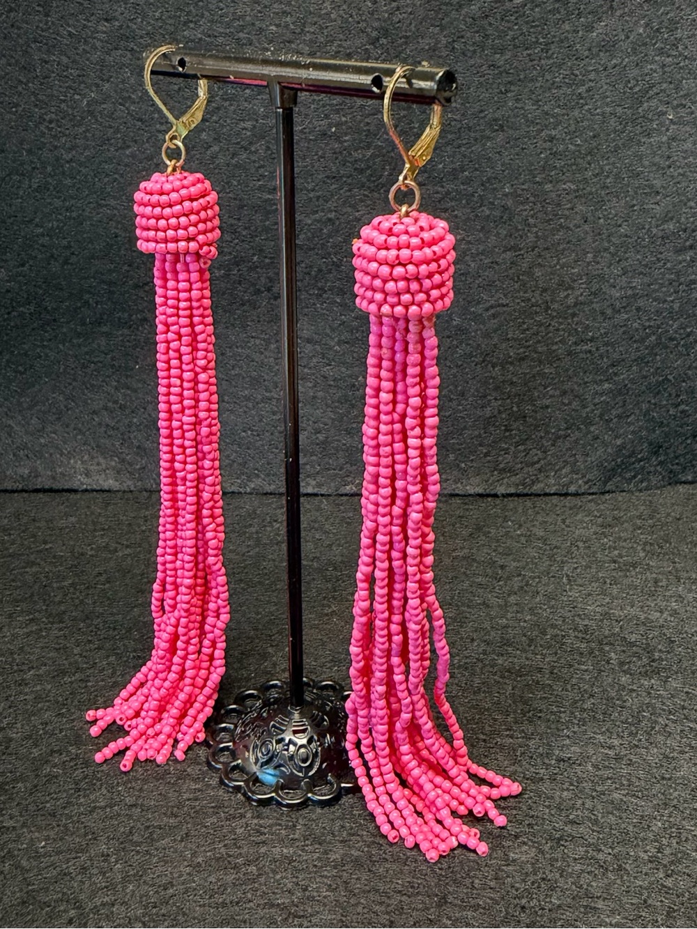Artisan Made Fuchsia Hot Pink Beaded Tassel Earrings 5” Boho Statement Dangles - Picture 3 of 8